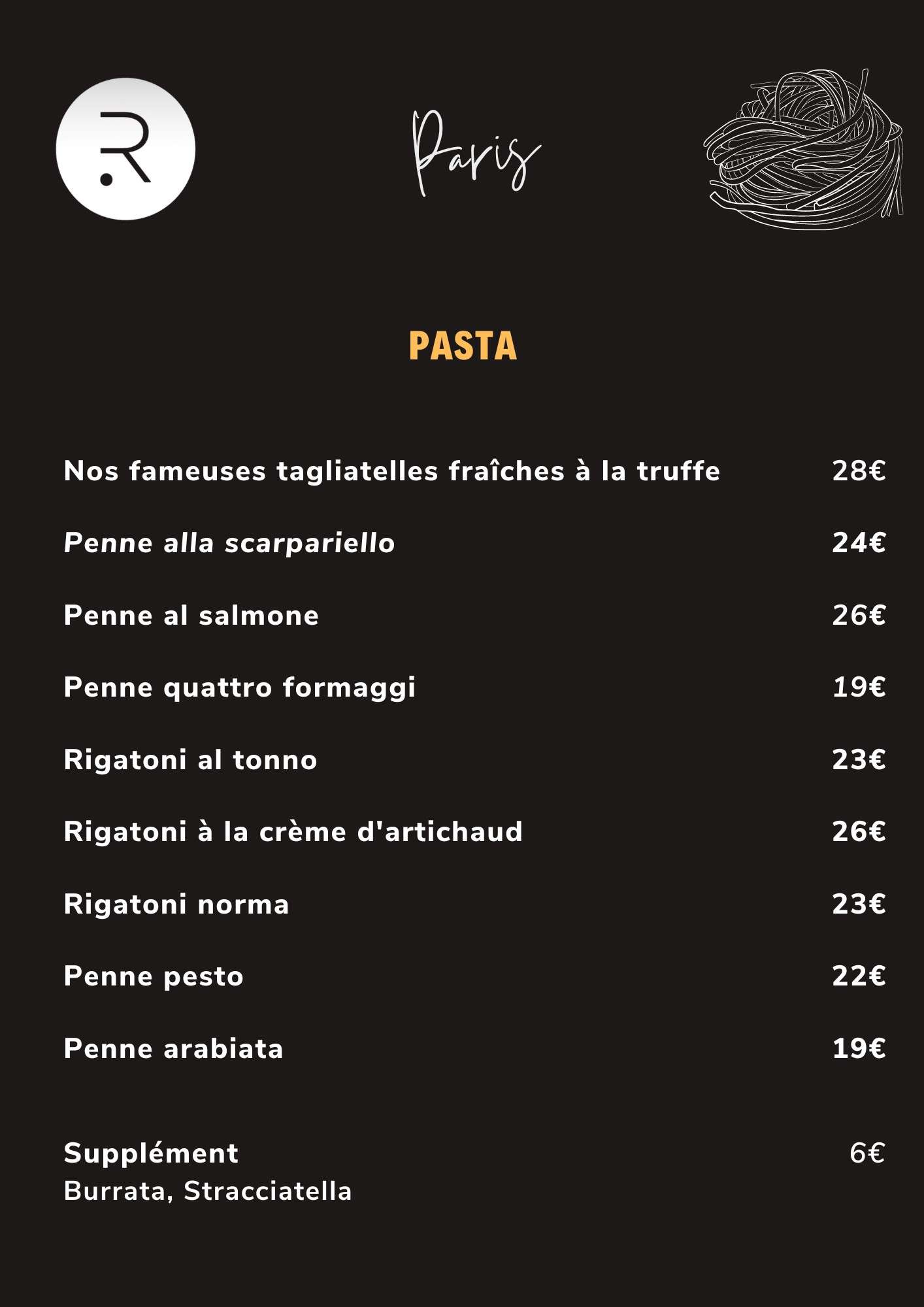 Restaurant Paris Ragazzi group Carte Pasta