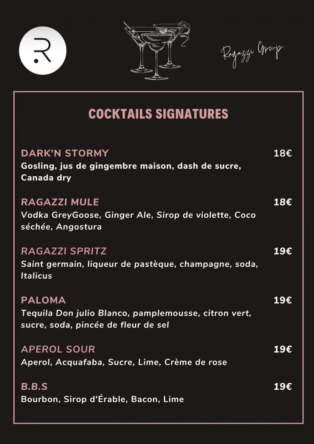 Restaurant Ragazzi group Cannes Paris carte cocktails