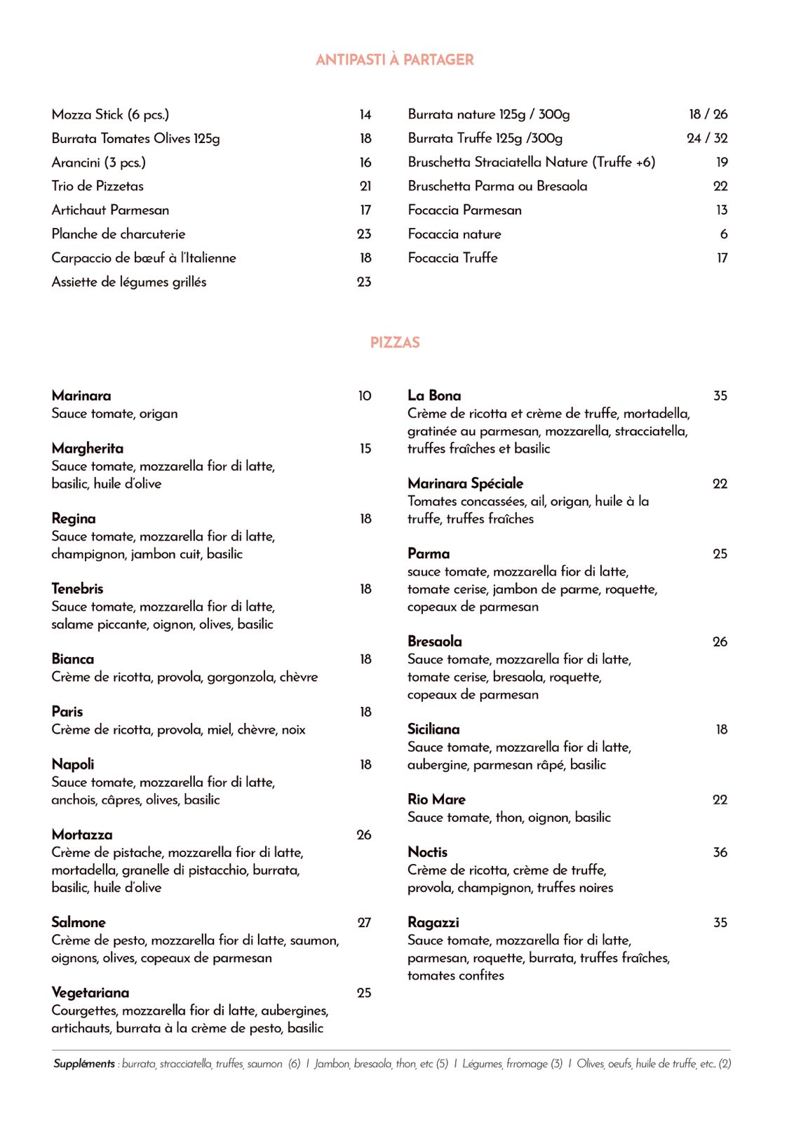 Menu restaurant ragazzi vivienne Paris