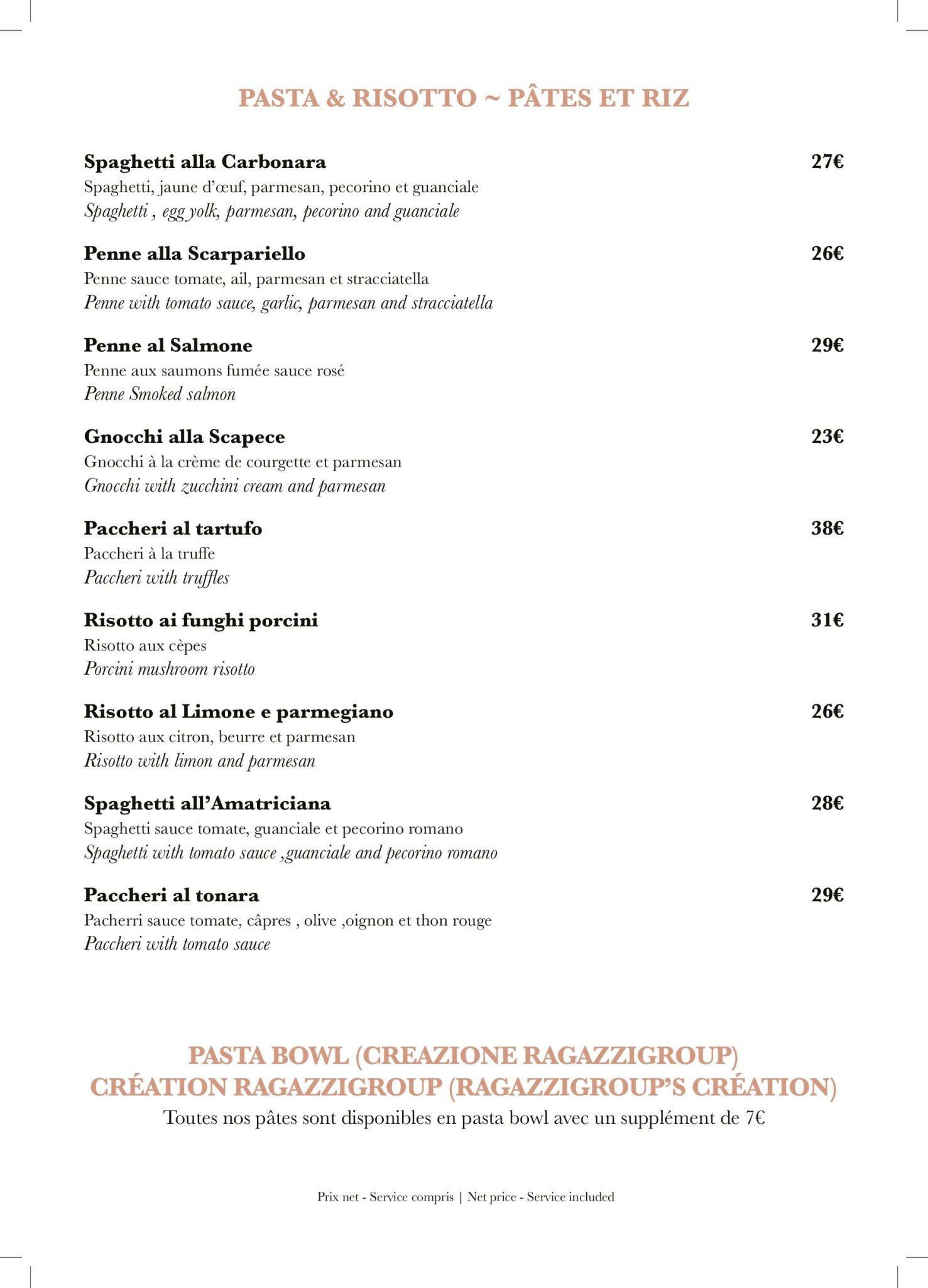 Menu Pasta risotto Ragazzi restaurant Cannes