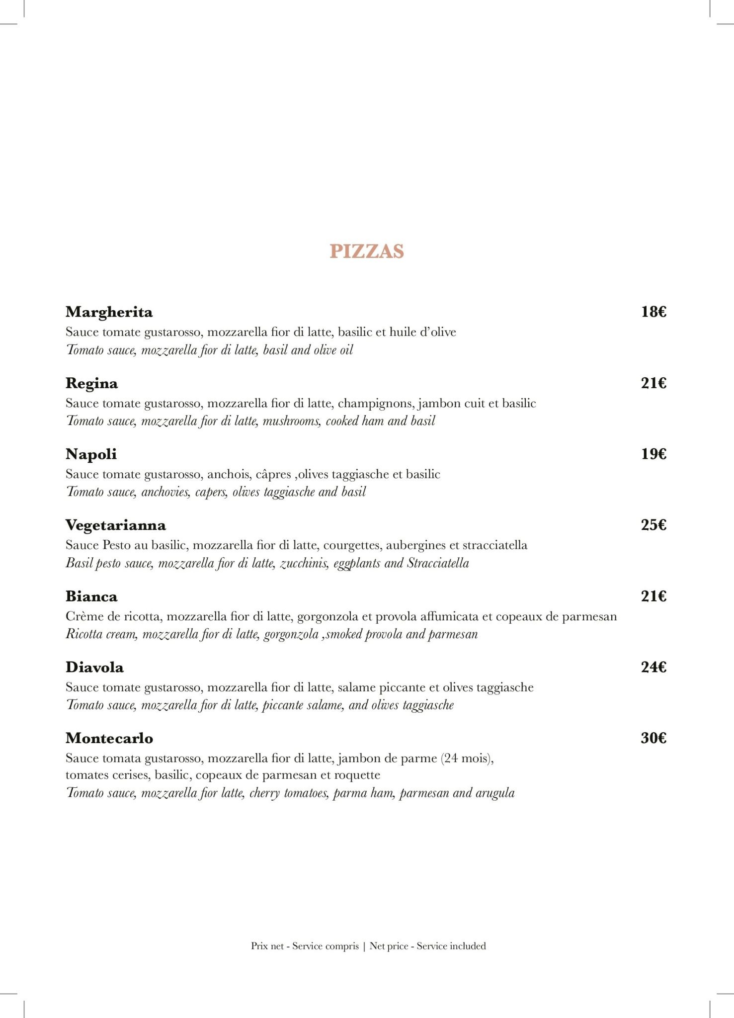 Menu Pizzas Ragazzi restaurant Cannes