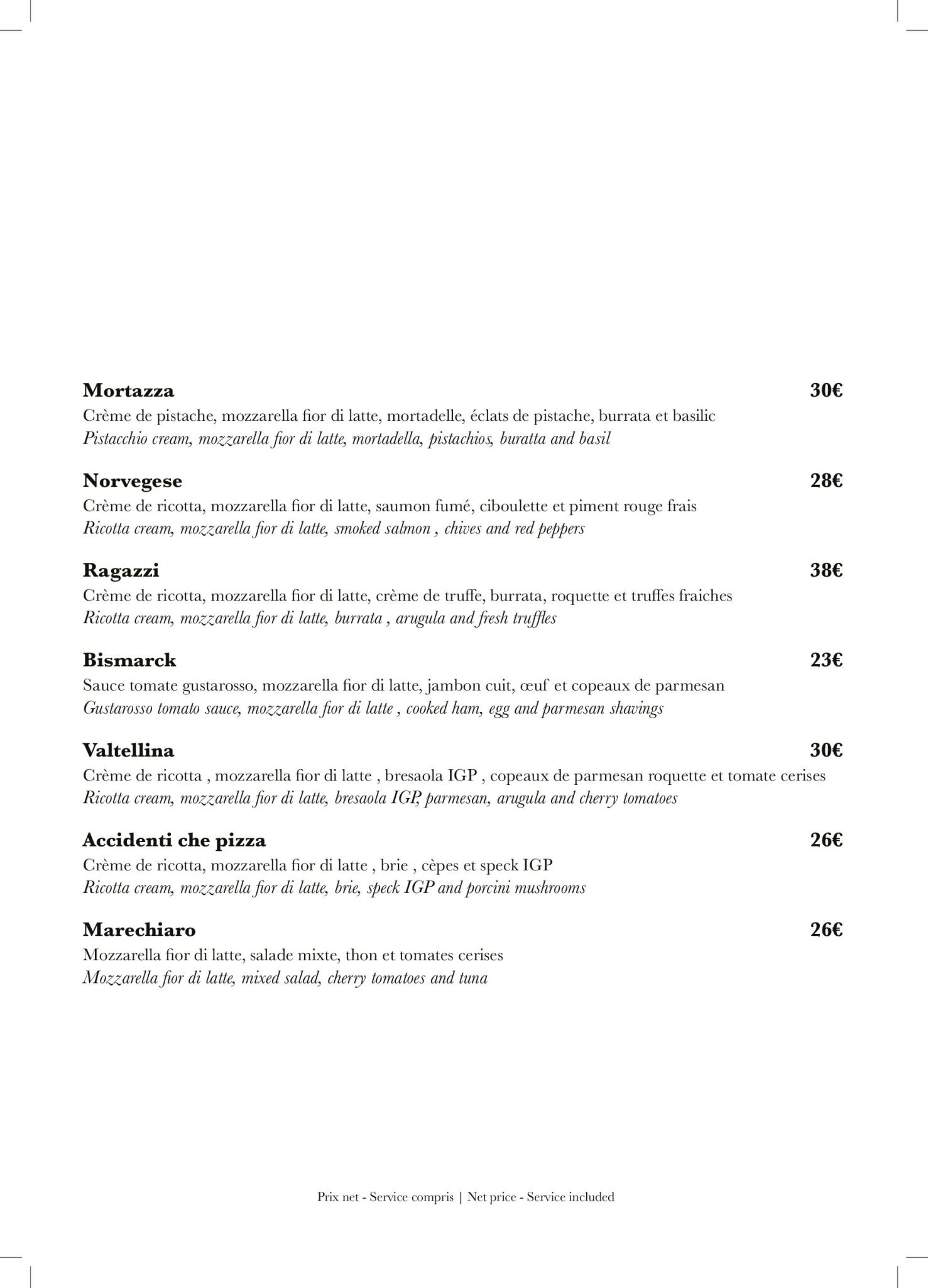 Menu Pizzas risotto Ragazzi restaurant Cannes