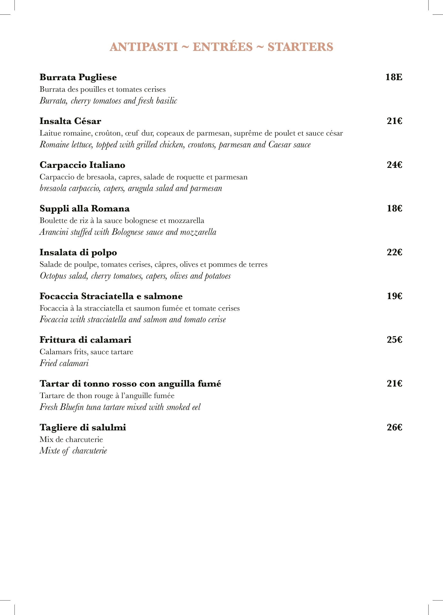 Menu Antipasti risotto Ragazzi restaurant Cannes