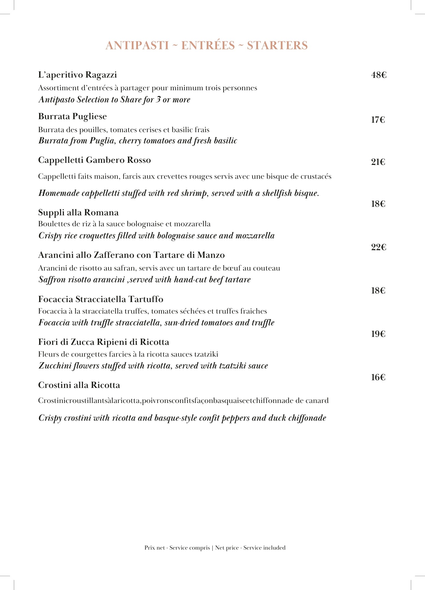 Menu Antipasti risotto Ragazzi restaurant Cannes