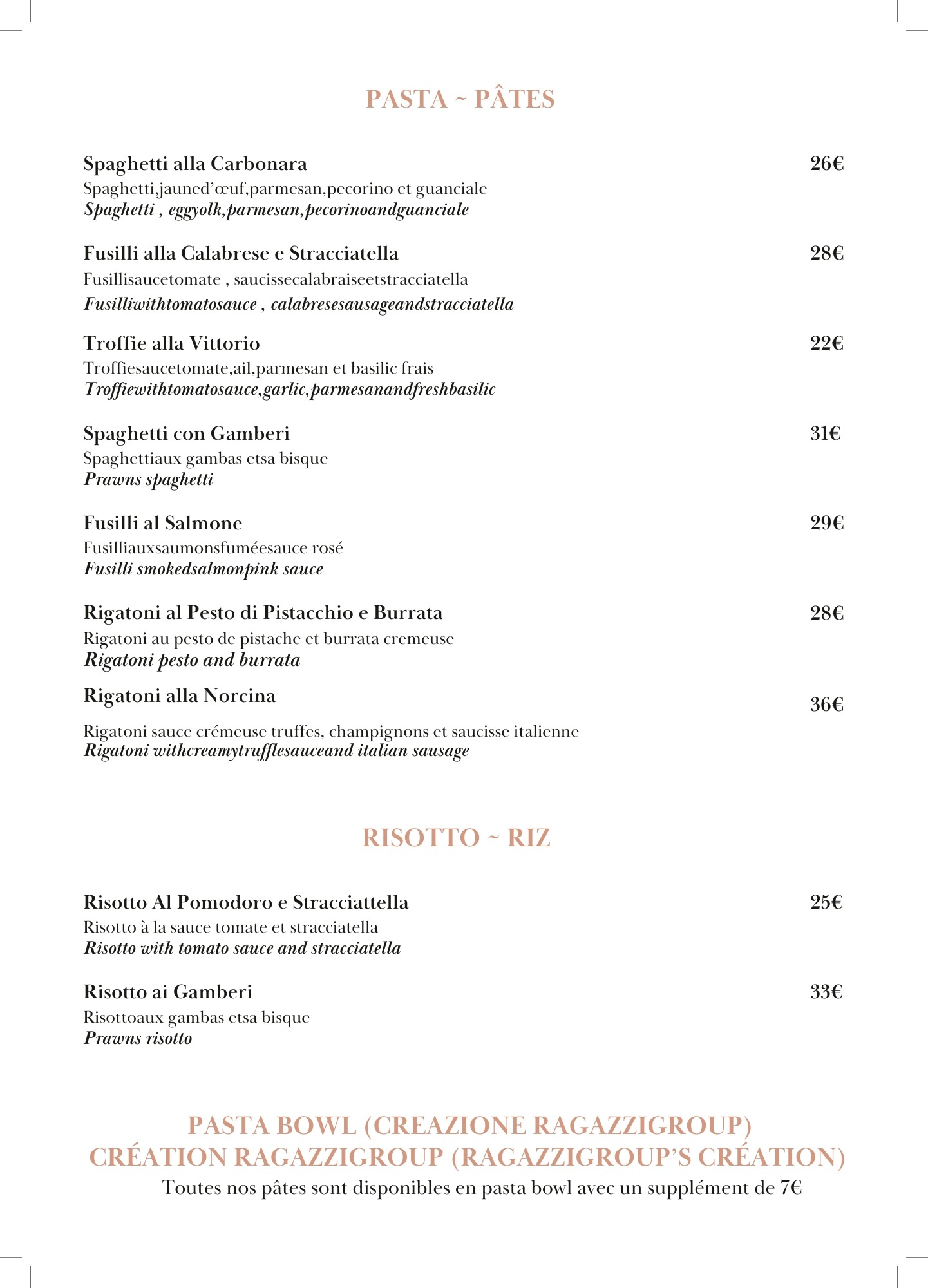 Menu Pasta Ragazzi restaurant Cannes