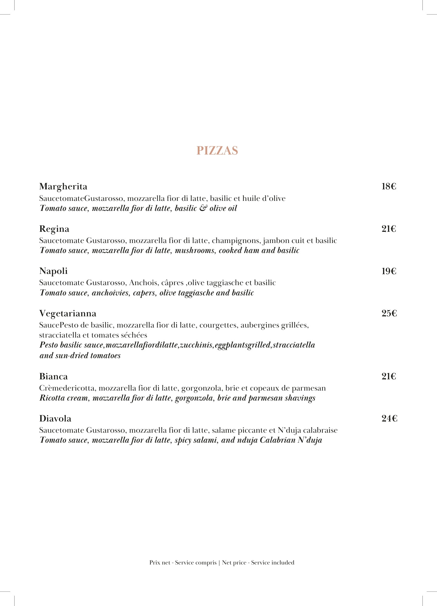 Menu Pizzas Ragazzi restaurant Cannes