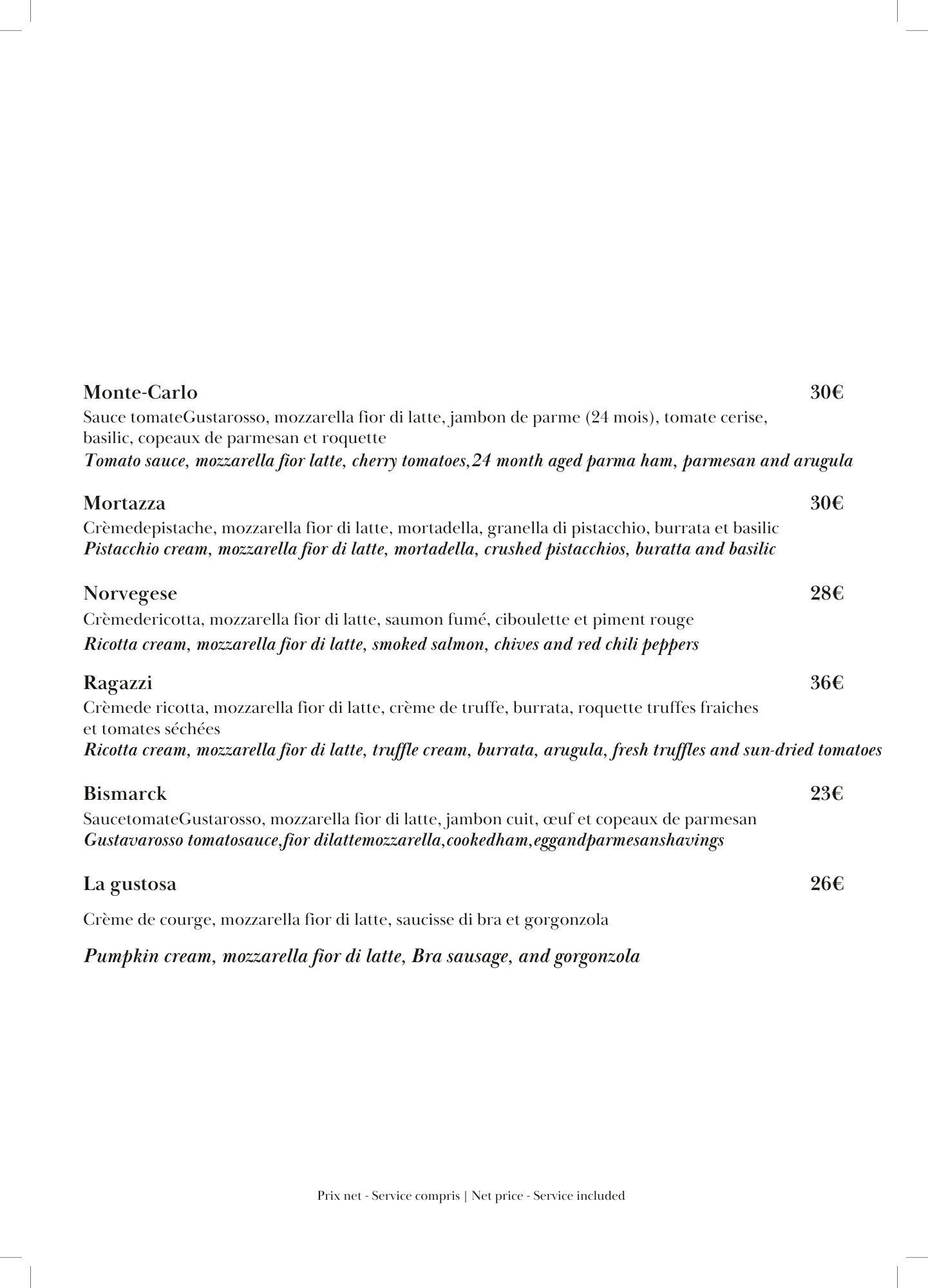 Menu Pizzas Ragazzi restaurant Cannes